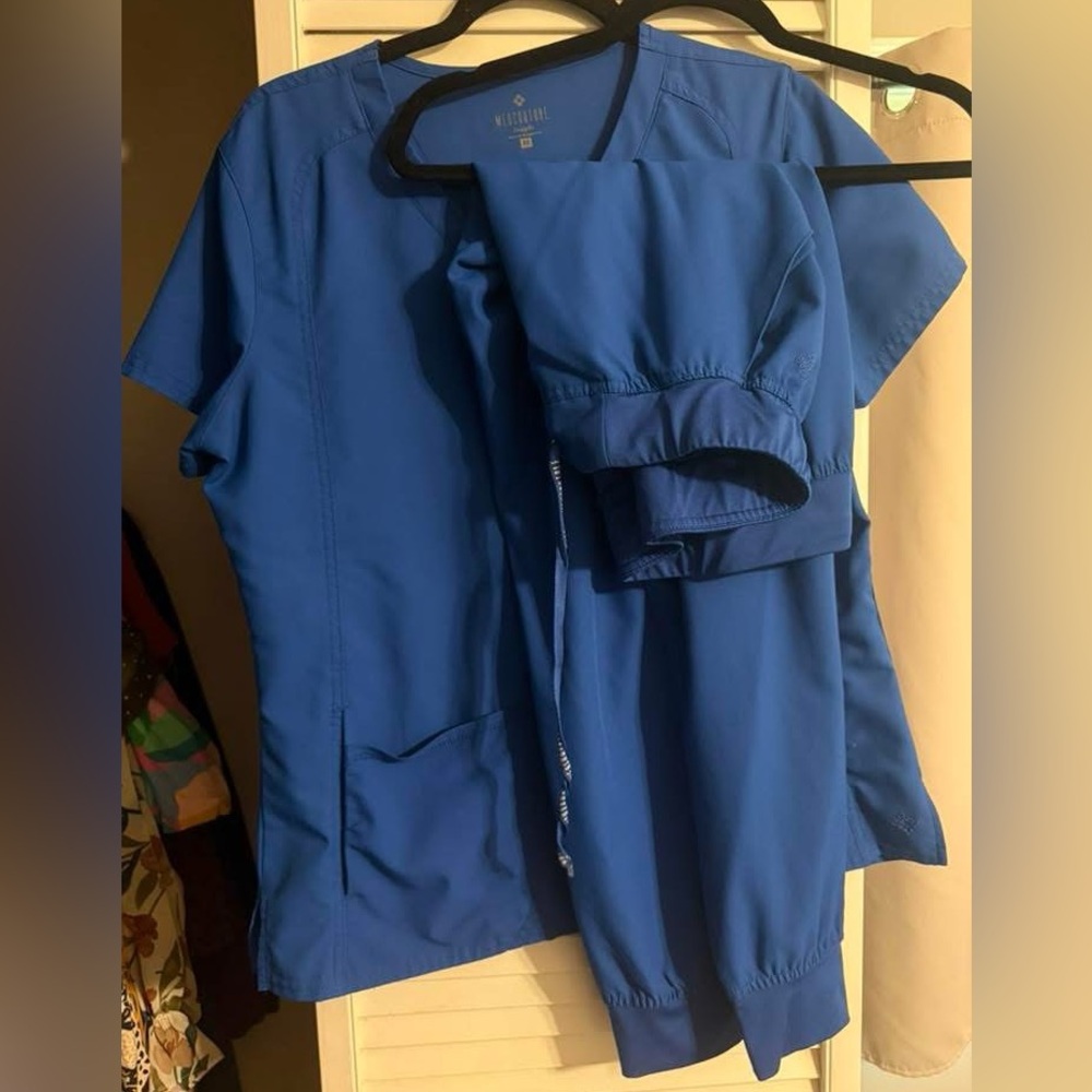 Women's Blue Scrub MedCouture Jogger Pant AND Top - medium top large pants